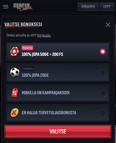 Mafia Casino mobiilissa